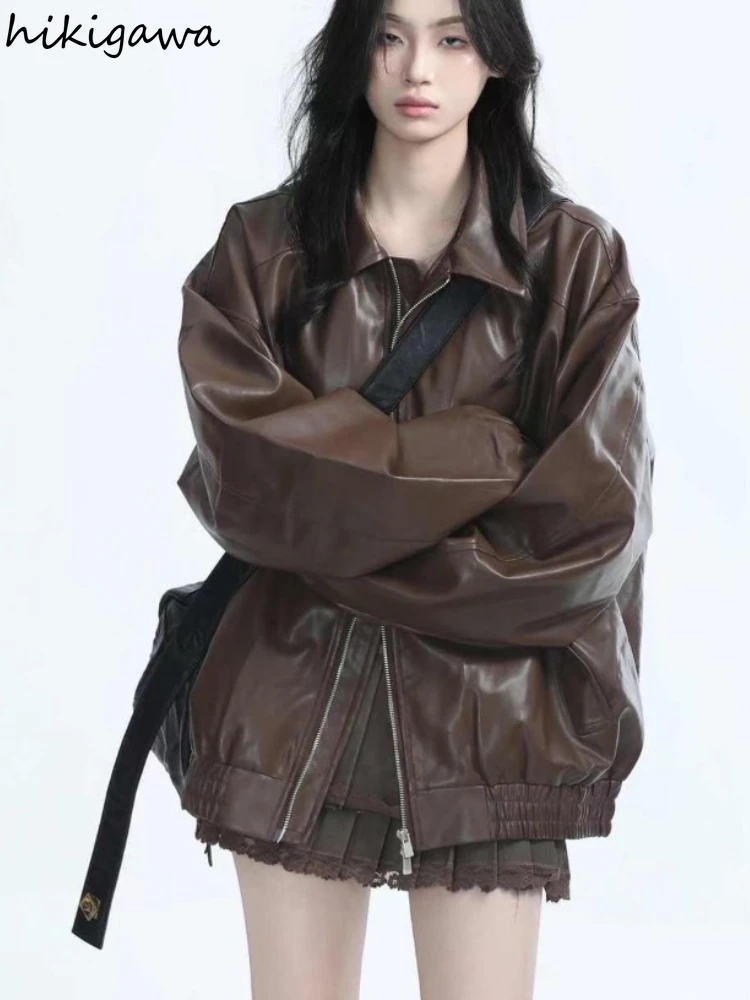 

Уличная одежда, пальто из искусственной кожи, женская осенне-зимняя одежда, уличная верхняя одежда на молнии, повседневные модные черные кожаные куртки, топы большого размера