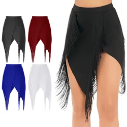 Womens Fringed Latin Dance Skirt Lady Solid Color Split Tassels Skirts Cha-cha Samba Tango Jazz Dance Stage Performance Costume