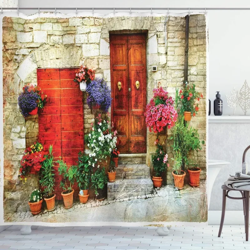 Tuscan Shower Curtain Colorful Flowers Outside Home in Italian Hilltown Assisi Rustic Door Image Cloth Fabric Art Bathroom Decor