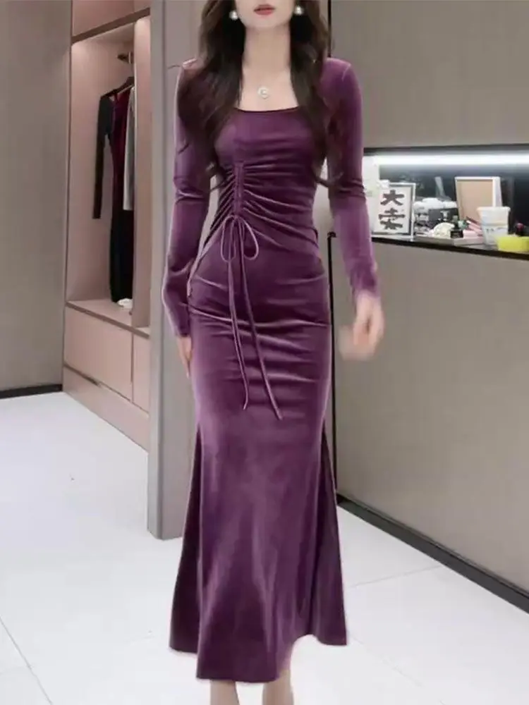 2025 primavera outono feminino fino gola quadrada shirrings roxo veludo trompete vestido, mulher feminina sereia vestidos longos de veludo