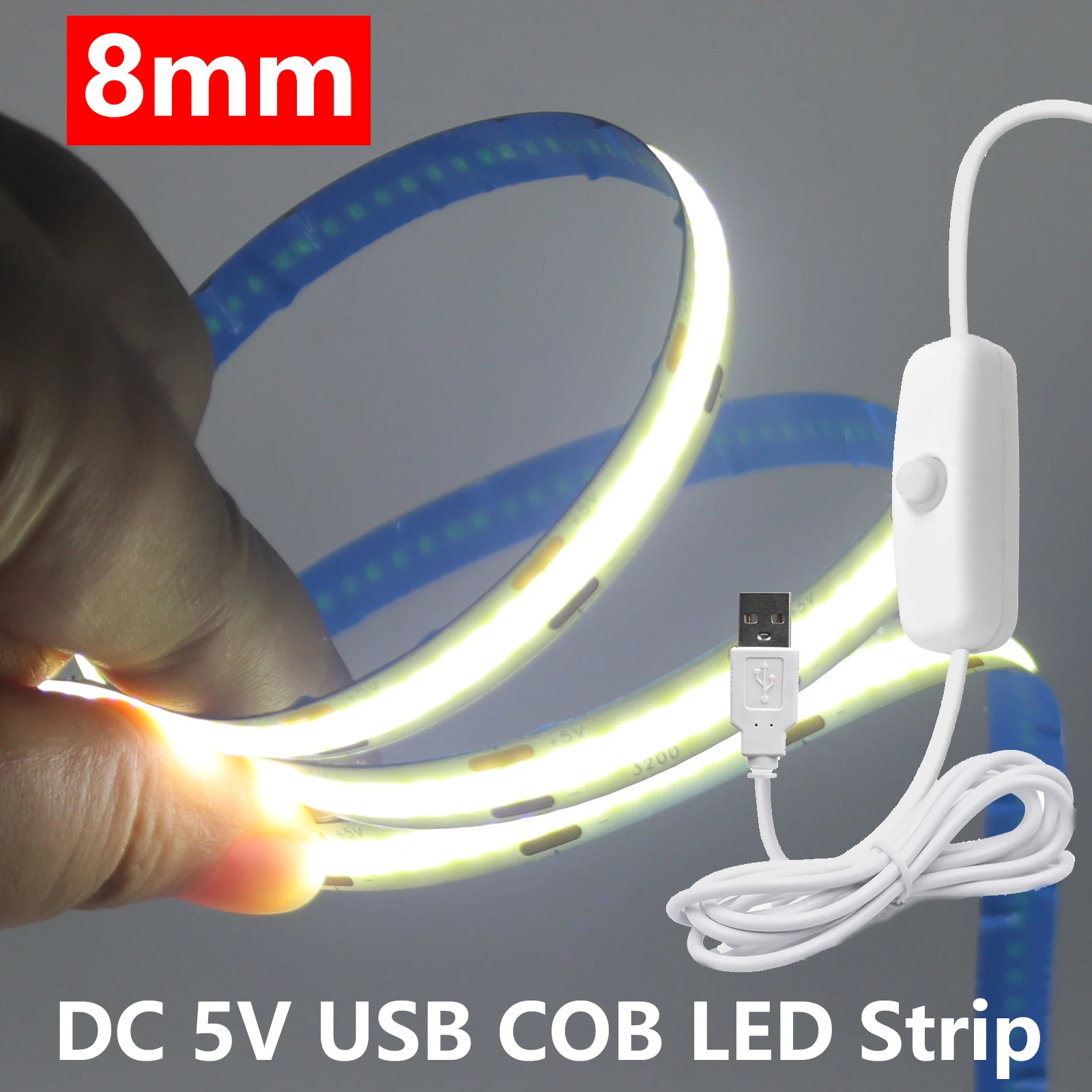 0,5m/1m/2m/3m/5m COB LED-Streifen mit 501-Tastenschalter 5V USB LED-Lichtband 320LEDs/m Flexibles Klebeband für Raumdekoration