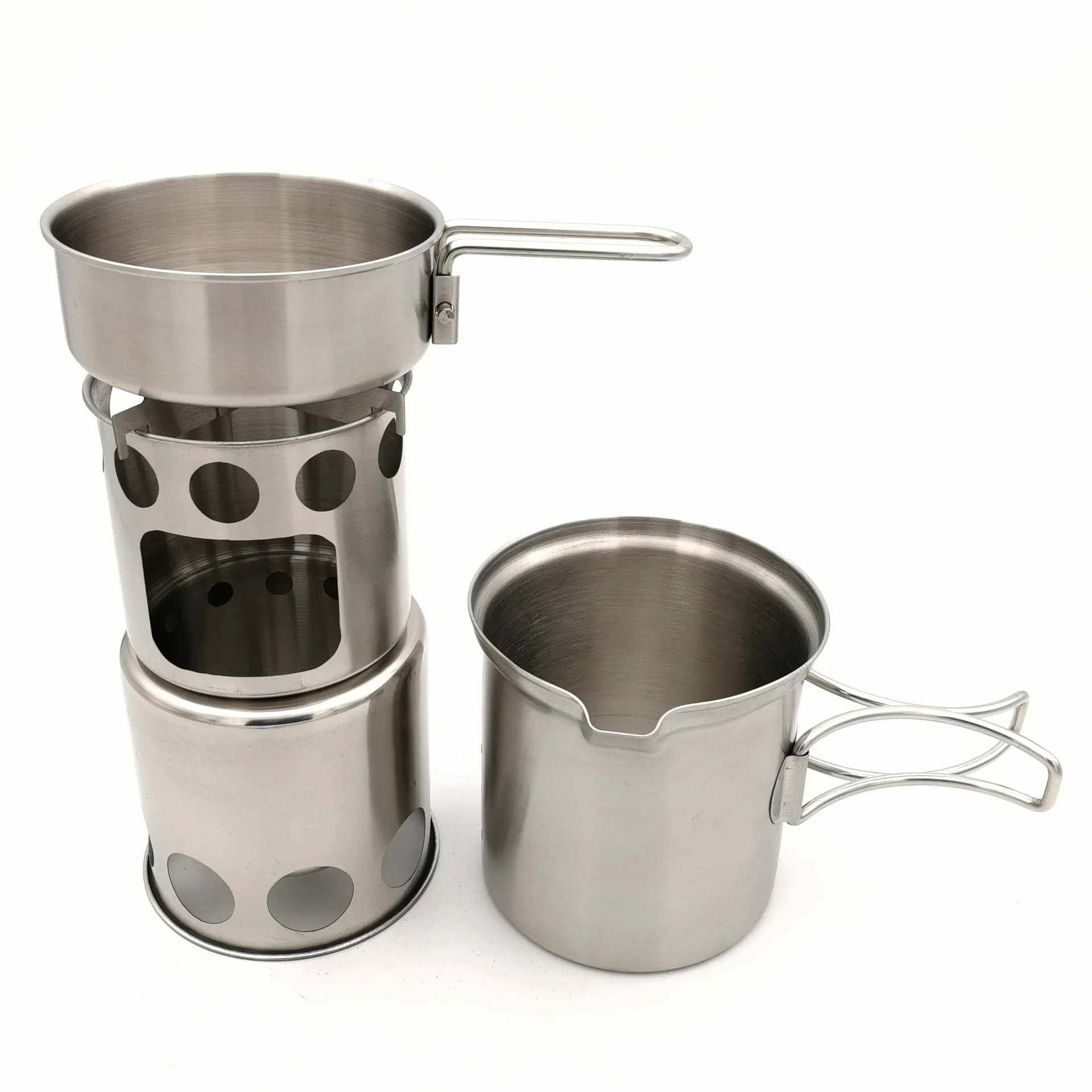 

In Stock Hot Sale Outdoor Stainless Steel Portable Firewood Stove Set Pot Set Camping Folding Windproof Firewood Stove