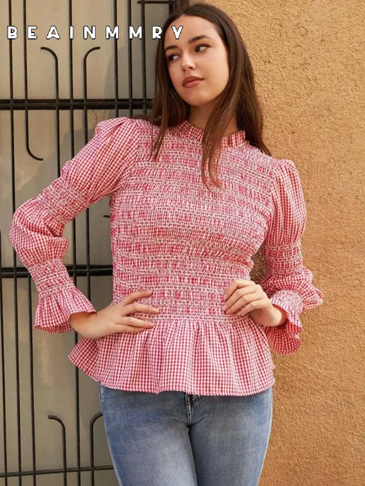 Elegant Chic Plaid Pleated O Neck Slim Blouse Fashion Puff Flare Long Sleeves Short Shirt Women 2025 Spring New High Street Tops