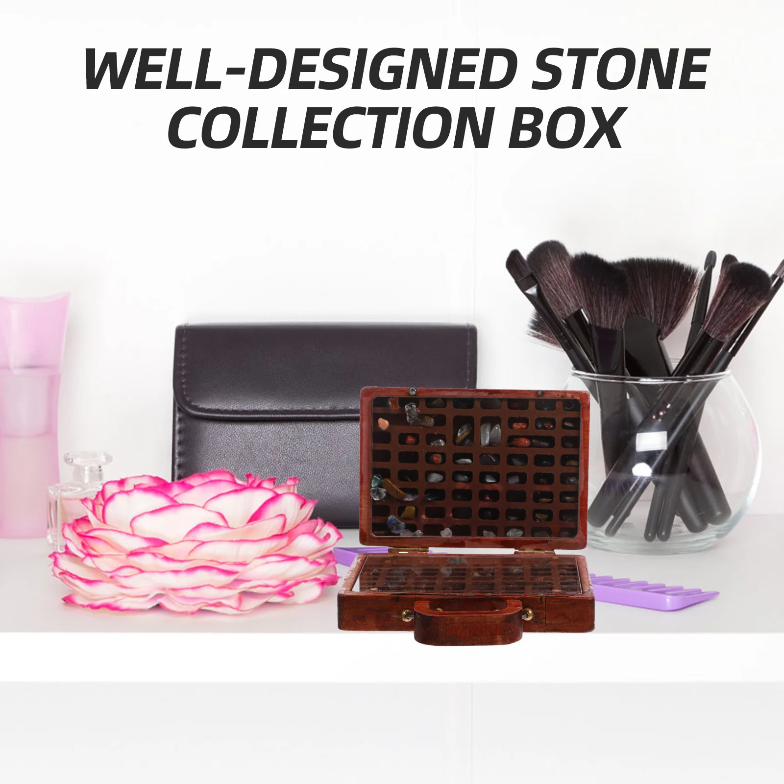 Wooden Stone Collection Box Rock Organizer Compartment Display Case for Storing and Displaying Crystals Minerals Collectibles