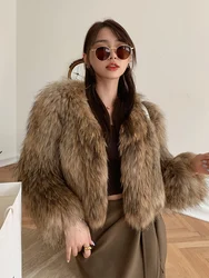 2023 New Fashion Real Natural Raccoon Fur Coat Winter Knitted Women Jackets Outerwear Luxury Female Clothes