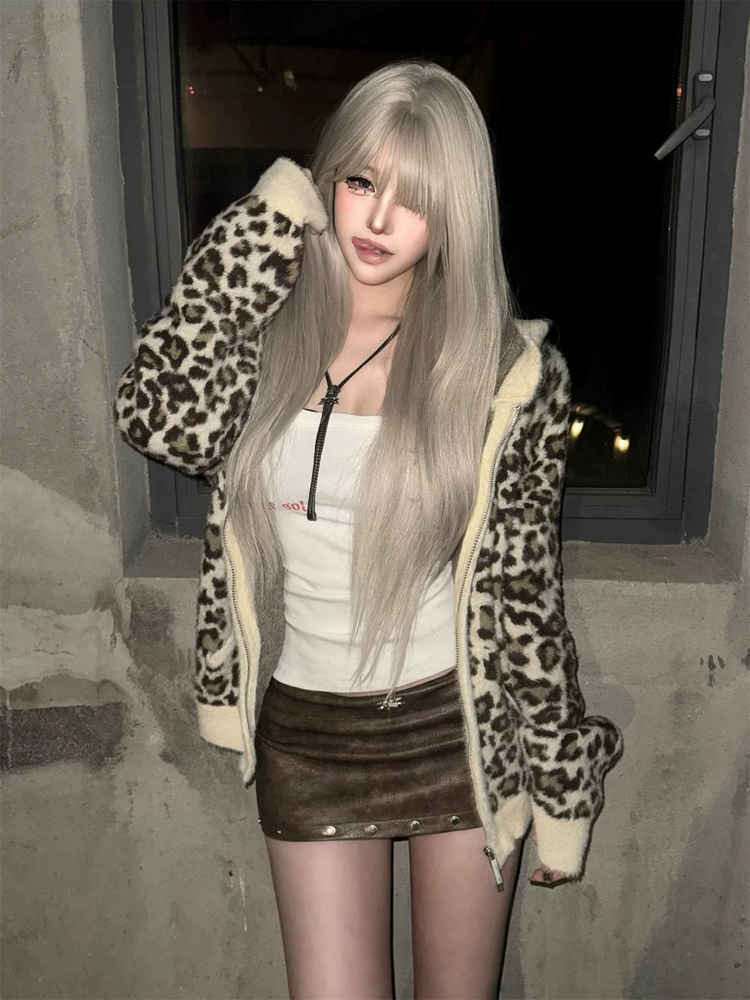 Y2K Grunge Leopard Print Fuzzy Knit Hooded Zip Up Cardigan Women Oversized Contrast Trim Pockets Fall Winter Streetwear