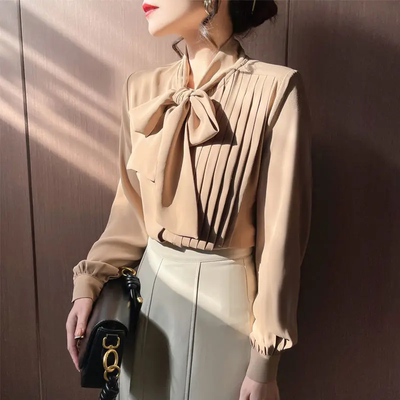 Spring Autumn New Pleated Bow Lacing Shirt Tops Long Sleeve Solid Color Loose Office Blouse Temperament Fashion Women Clothing