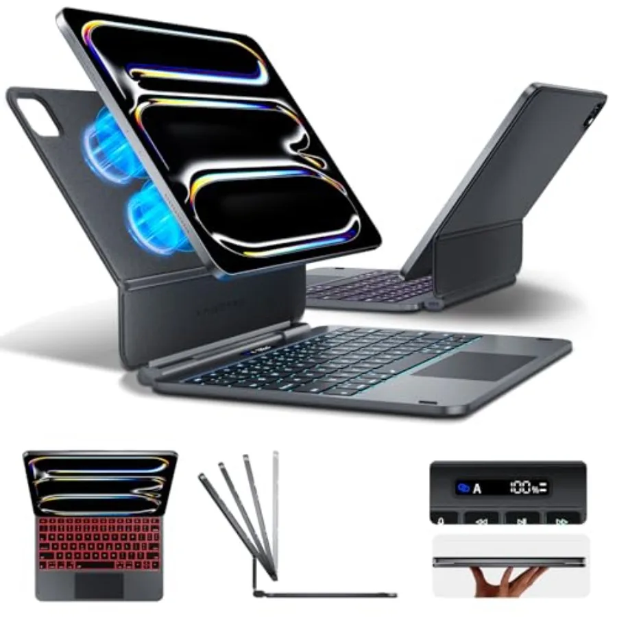 

iPad Pro 13-inch magnetic keyboard case for M5 2025/M4 2024: slim skin-feel leather cover in black with smart LCD power display