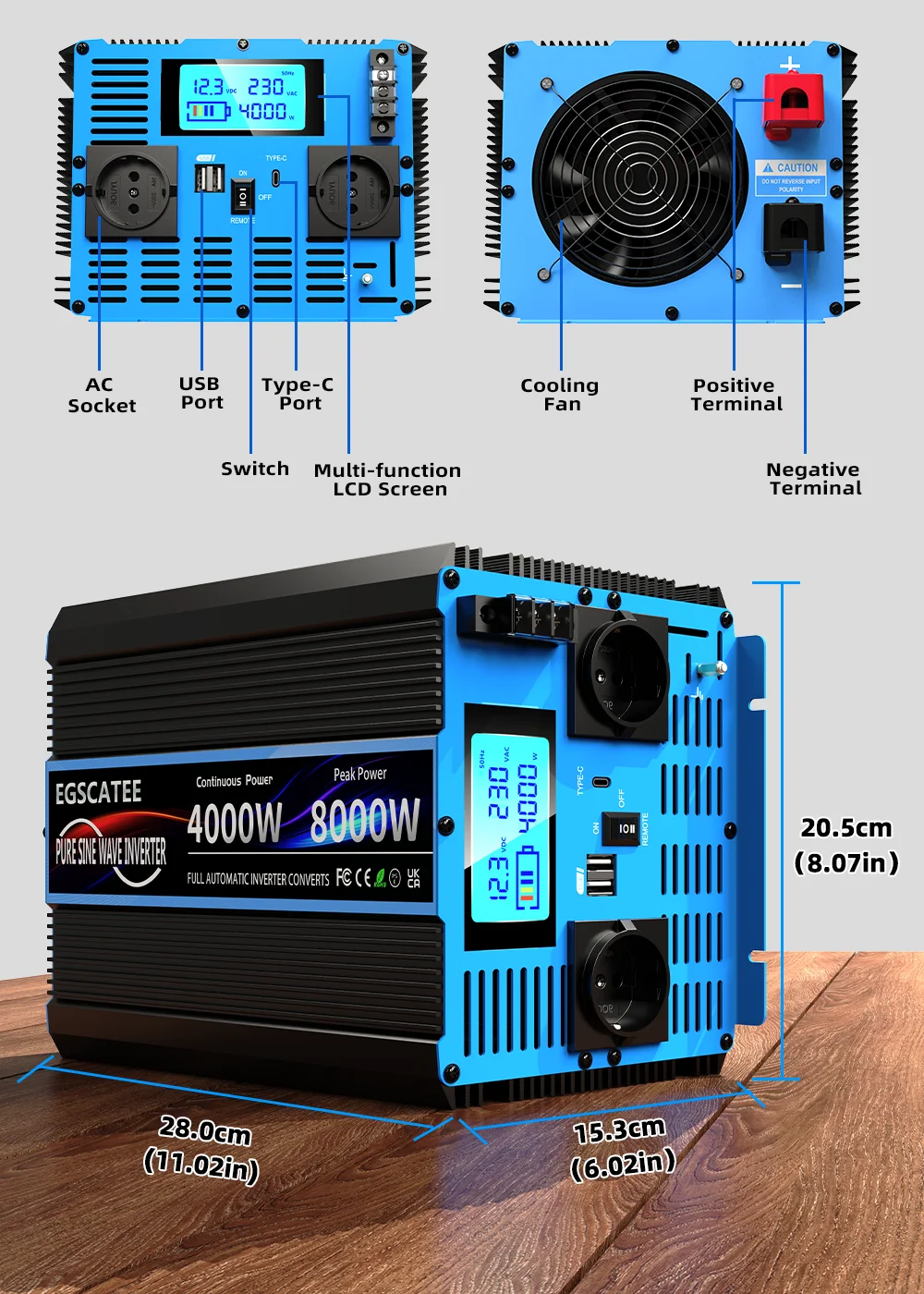 Wechselrichter, reine Sinuswelle, DC 12 V/24 V zu AC 230 V, Transforme-Konverter, Solar-Wechselrichter mit LCD-Display, USB, Fernbedienung – Detail 3
