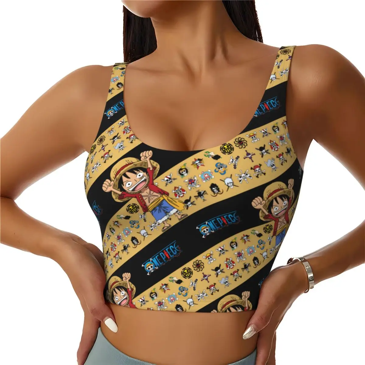 

Спортивный бюстгальтер-топ Custom High Impact One Piece Luffy Manga для женщин: идеален для фитнеса, йоги и тренировок в зале