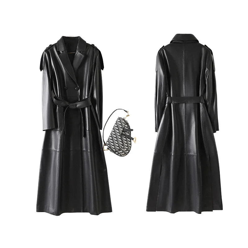 Plus 7XL Women Large Size Long Sheepskin Overcoat Classic Double-breasted Ladies Lace-up Belt 100% Real Leather Trench Coats