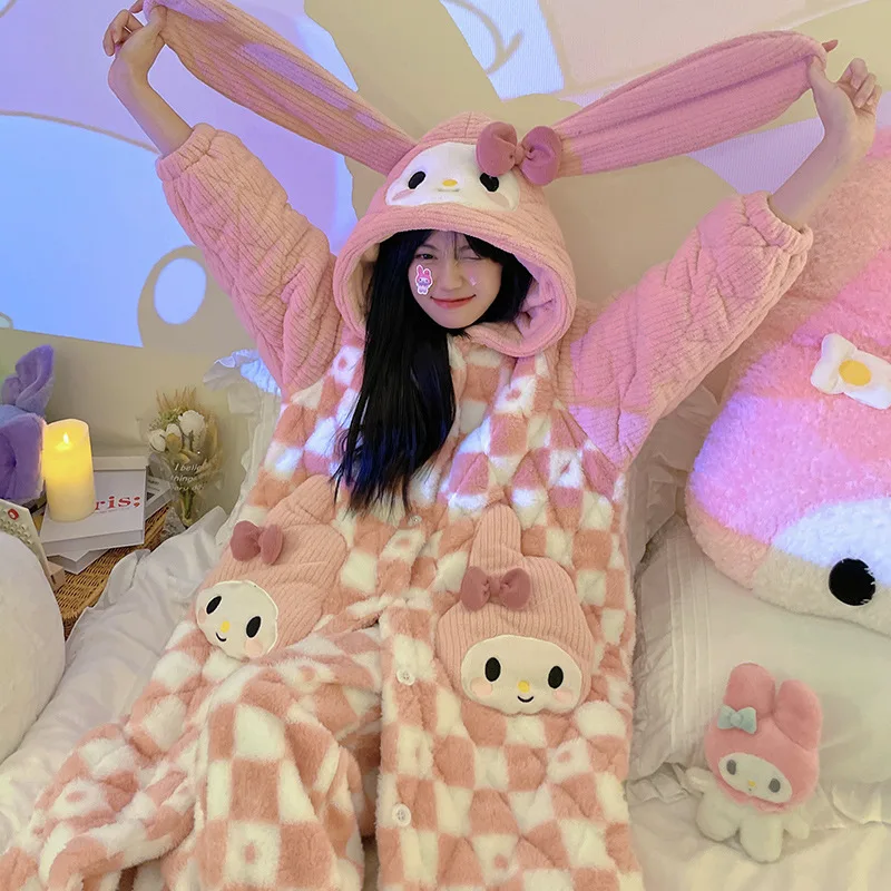 2 pezzi Kawaii Sanrio pigiama Anime Cartoon Pompompurin Kuromi Cinnamoroll tre strati di ispessimento pigiama con cappuccio vestiti per la casa