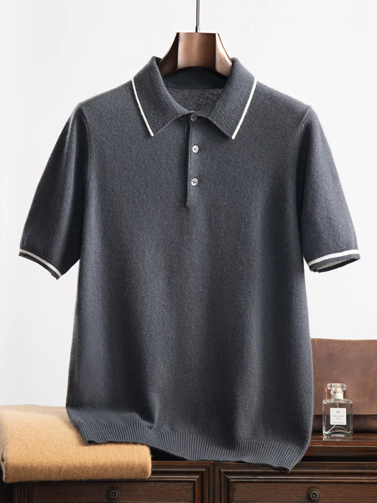 Męska kaszmirowa koszulka polo Smart Casual sweter z krótkim rękawem sweter lato jesień 100% dzianina kaszmirowa koreańskie modne topy