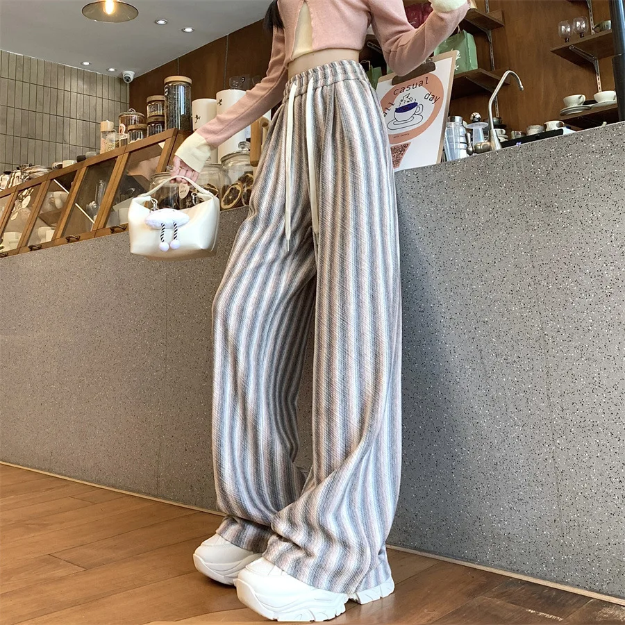 

Striped Casual Pants for Women Students New High-waisted Draped Straight-leg Lazy Leisure Wide-leg Pants for Autumn and Winter.