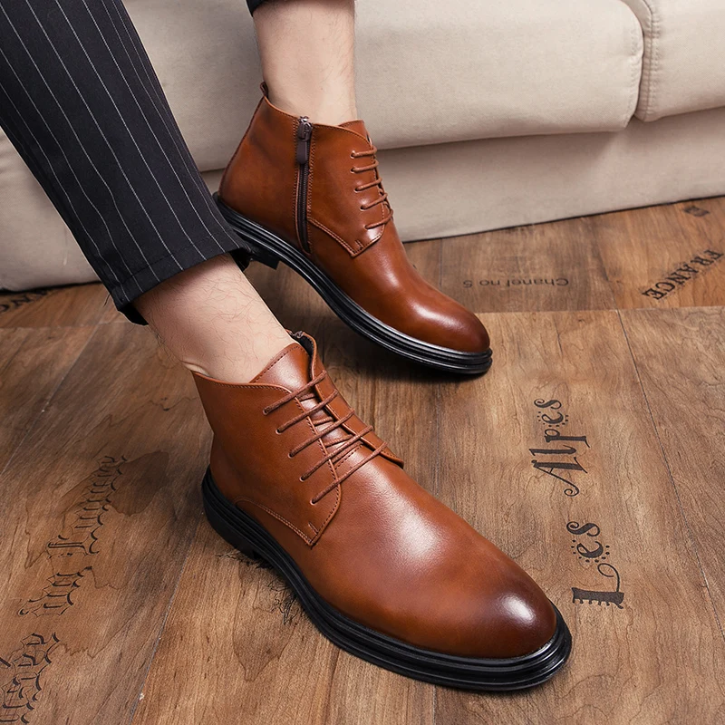 

Gentleman Casual Boots British Style Ankle Boots Luxury Men Leather Boots Fashion Business Shoes Daily Original Lace-up Boots