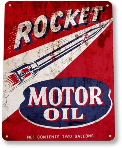 Rocket Motor Oil Garage Auto Shop Vintage Retro Rustic Wall Decor Metal Tin Sign