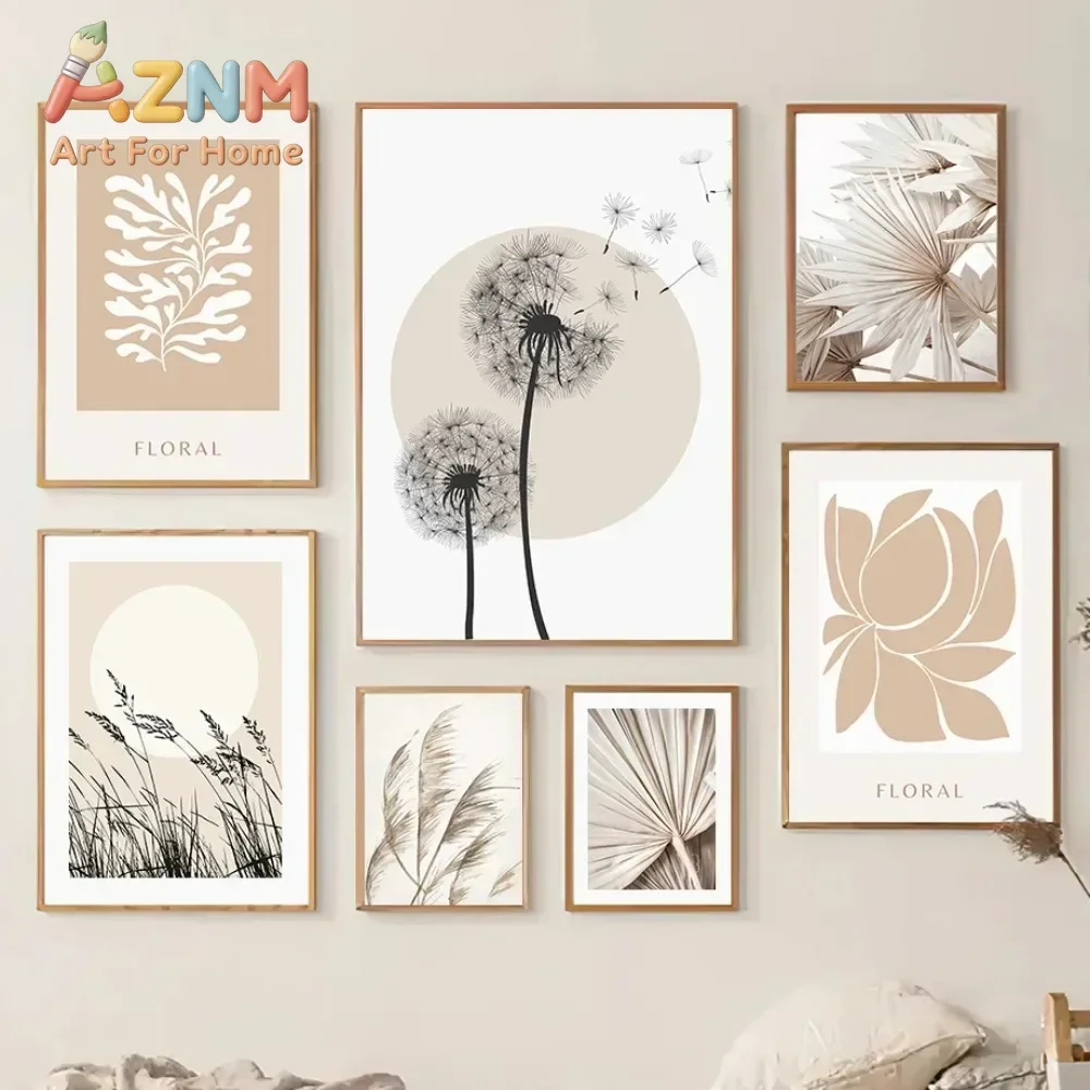 AZNM Beige Neutral Dandelion Palm Leaf Canvas Wall Art Boho Abstract Botanical Poster, Unframed Canvas Print for Living Room Dec