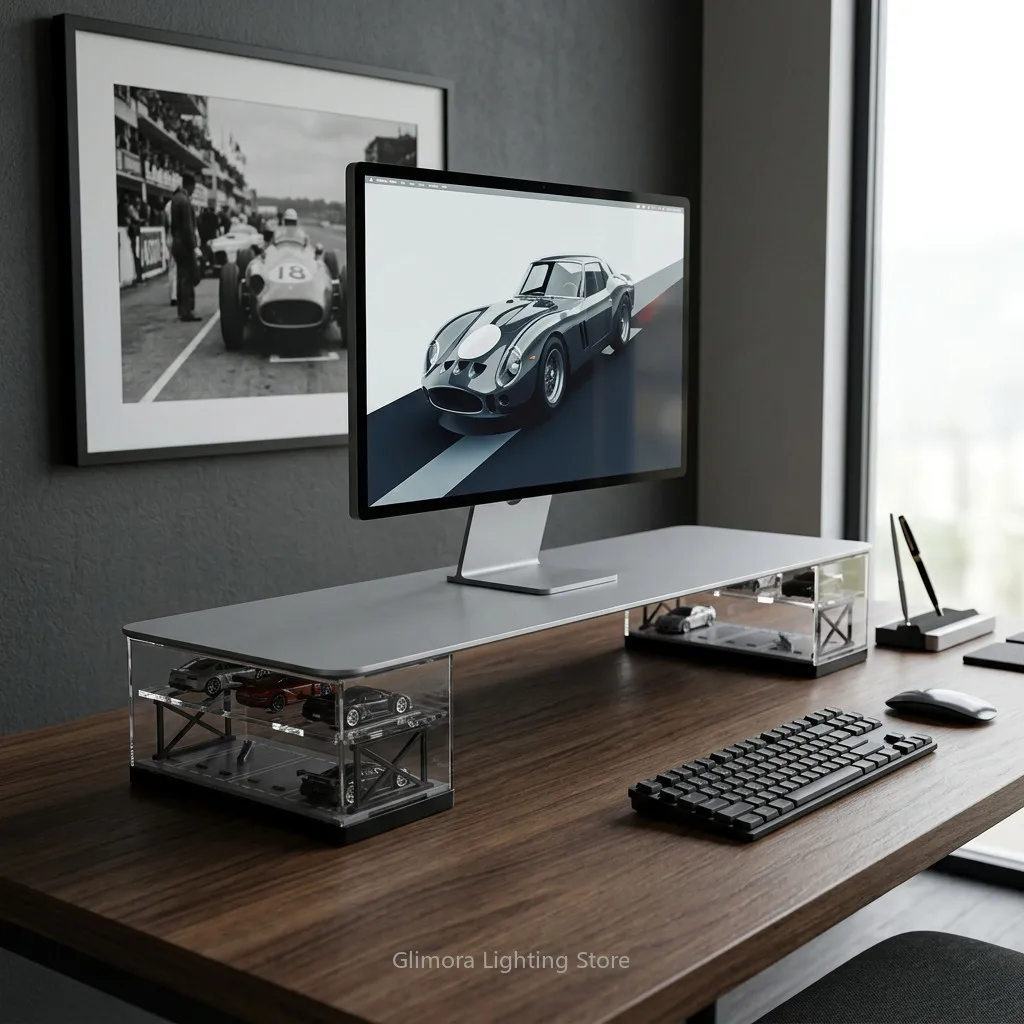 Aerospace Aluminum Monitor Riser with Transparent Storage Base, Minimalist Ergonomic Stand for Desk