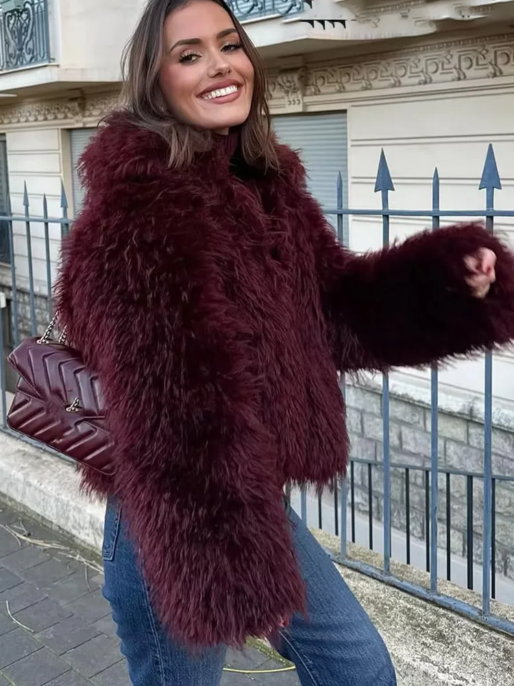 HH 2025 Damska Kurtka z Szerokim Kołnierzem i Efektem Sztucznego Futra, Zimowa, Elegancka, z Kieszeniami, Krótki Płaszcz