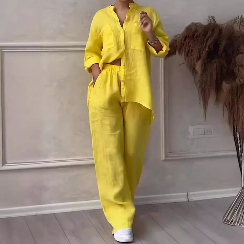 

V-neck single-breasted long-sleeved top wide-leg trousers 2-piece set spring summer new sports commuting daily style fashion set