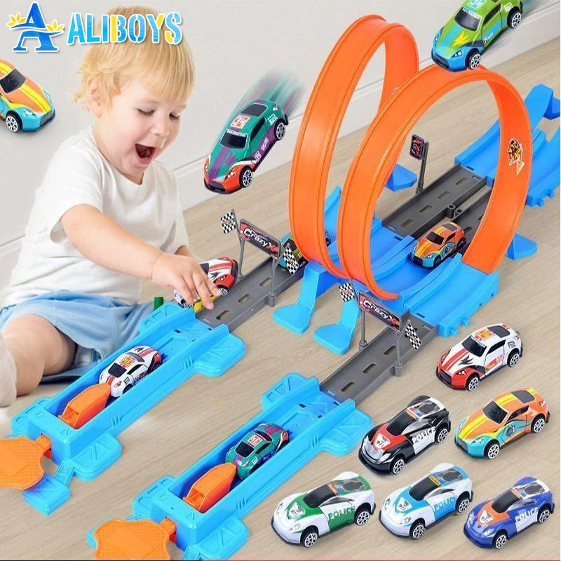 Samochód wyścigowy na szynach, model akrobacyjny ze stopu, z napędem pull-back, do samodzielnego montażu, tor wyścigowy, zabawka konkursowa, prezent na Boże Narodzenie dla dzieci.