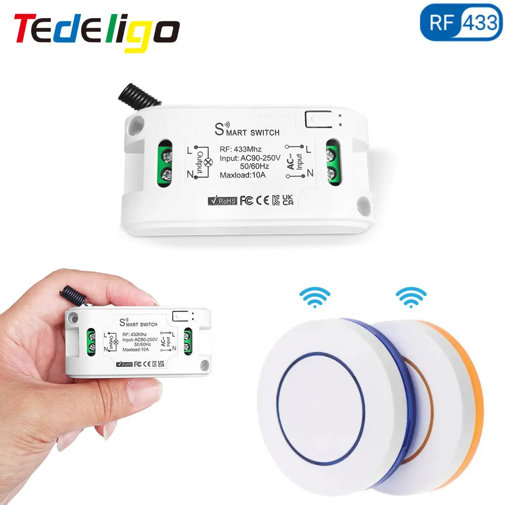 Tedeligo-interruptor de luz inalámbrico RF 433MHz 110V 220V 240V, Panel redondo, interruptor de pared para el hogar, lámpara de ventilador LED, encendido y apagado