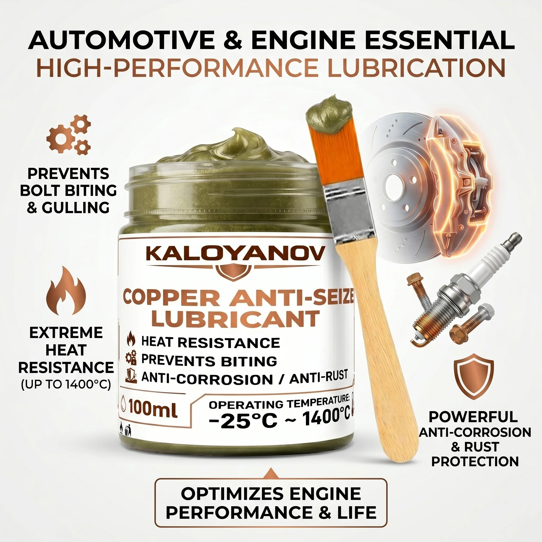 1400°C Copper Anti-Seize Grease with Brush, High-Temp Waterproof Automotive Lubricant Paste for Brake Calipers & Spark Plugs