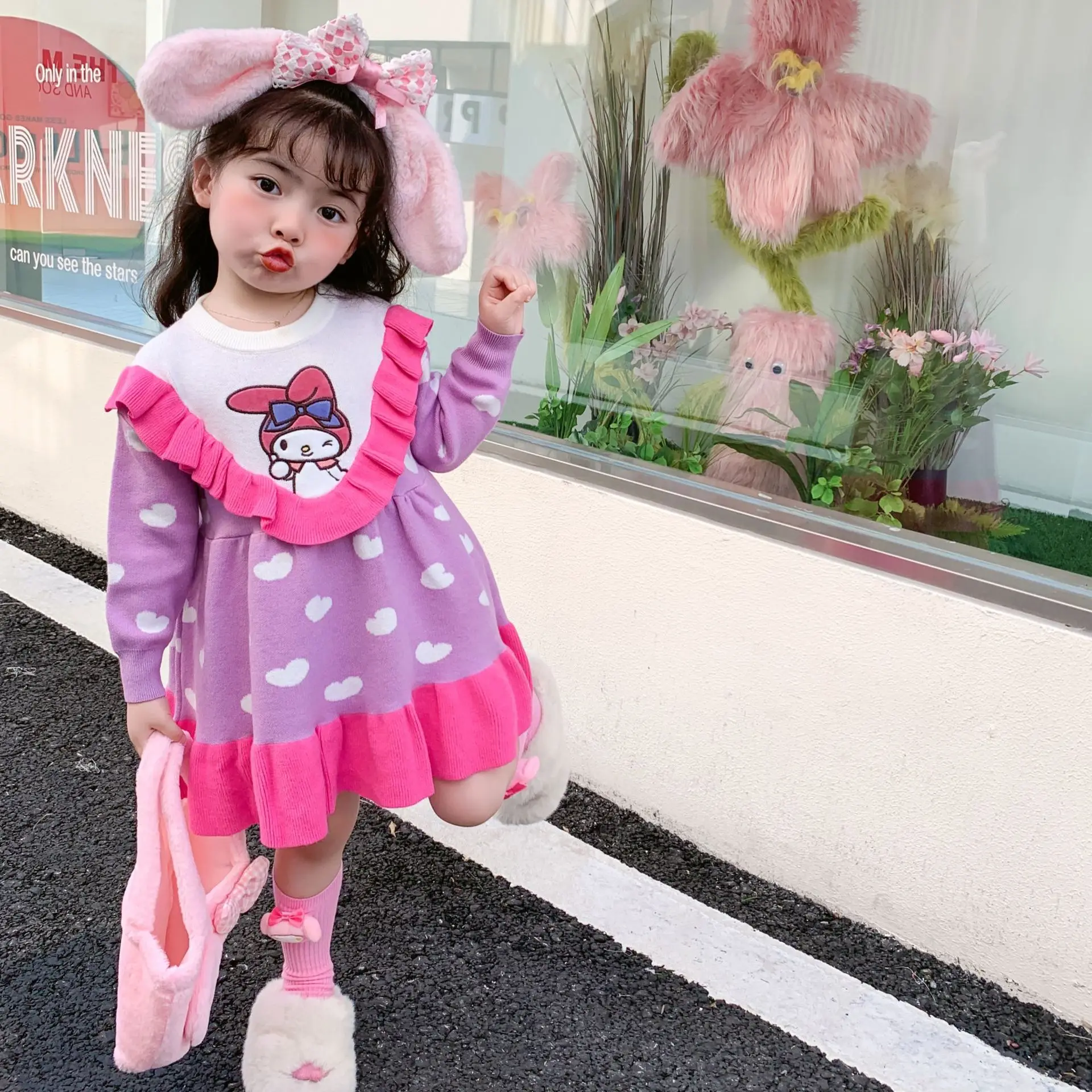 Anime Sanrios Hellokittys My Melody Kuromi Autumn Winter Cute Girl Dress Fur Ball Color Matching Kids Knitted Long-Sleeved Skirt