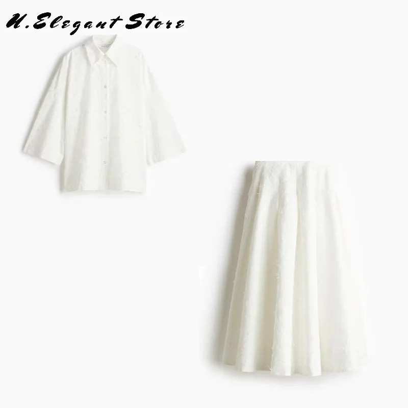 

Shirt Skirt Set Women Lapel Long Sleeve Loose T-shirt High Waist Pleated Long Skirts Suits 2025 Summer Women Outfits 2 Pieces
