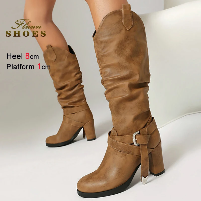 

Осенне-зимние желтые плиссированные женские рыцарские сапоги на толстом каблуке 8 см, сапоги до колена с пряжкой на ремне, женские длинные многослойные сапоги с круглым носком