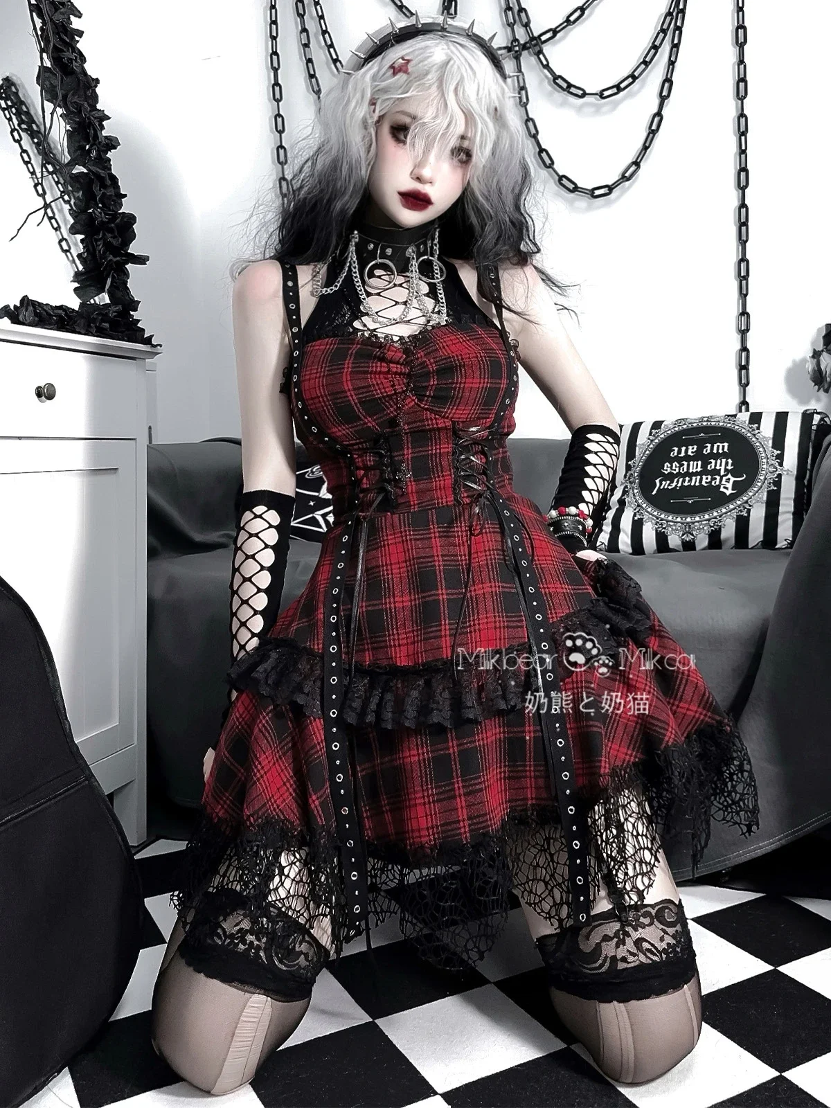 Dophee Gothic Subculture Red and Black Checkered Dress Spice Girls Halloween Costume High Waist Off Shoulder Short A-line Dress