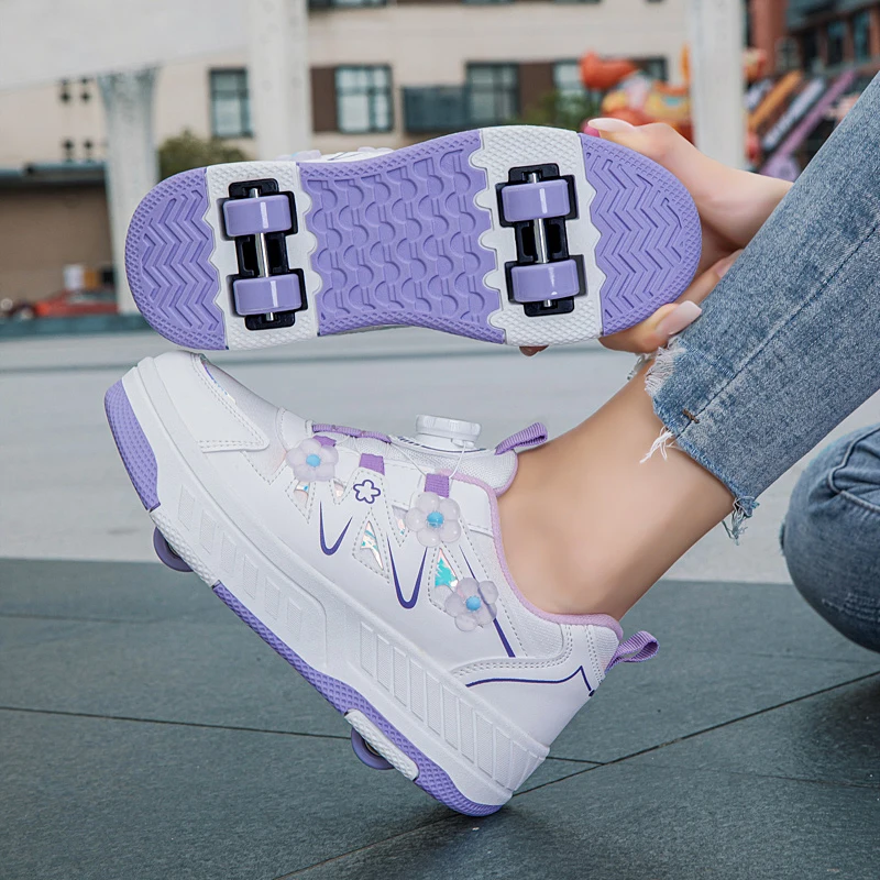 New Children's Pink and White Four-Wheel Runaway Shoes with Knob Buckle, Breathable Mesh, Walking and Gliding, Sweet Girl Style