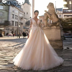 SoDigne A-line Long Wedding Dresses Tulle Full Sleeves Appliques Bridal Dress Elegant Bride Gown vestidos de novia Customized