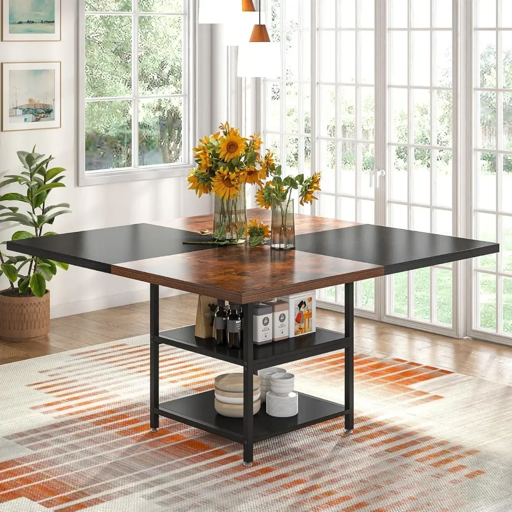 

47 Inch Dining Table for 4, Square Kitchen Table Large Dinner Table with Storage Shelf for Home Dining, Brown Black