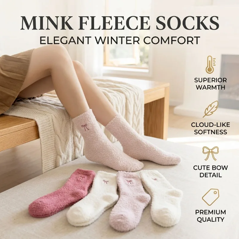 Winter Thick Plush Mink Fur Mid Calf Sleep Socks for Women with Cute Bow Home Warm Cozy Soft Non-Slip Essential Best Gift