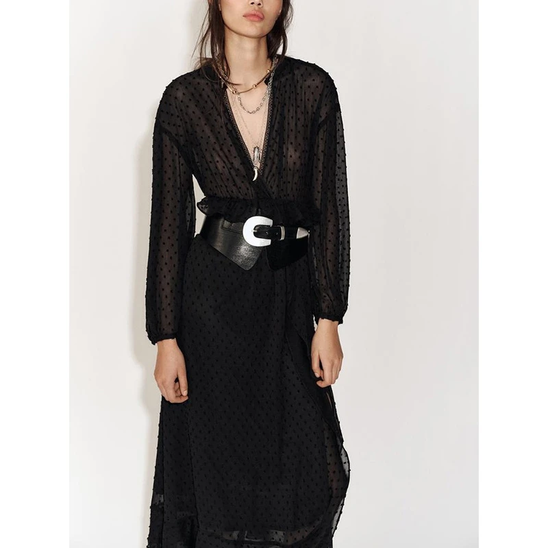 Printemps nouveau femmes Faion v-ne Long Sve Tulle Dr couches décoration trajet taille haute a-ligne été Midi Dr