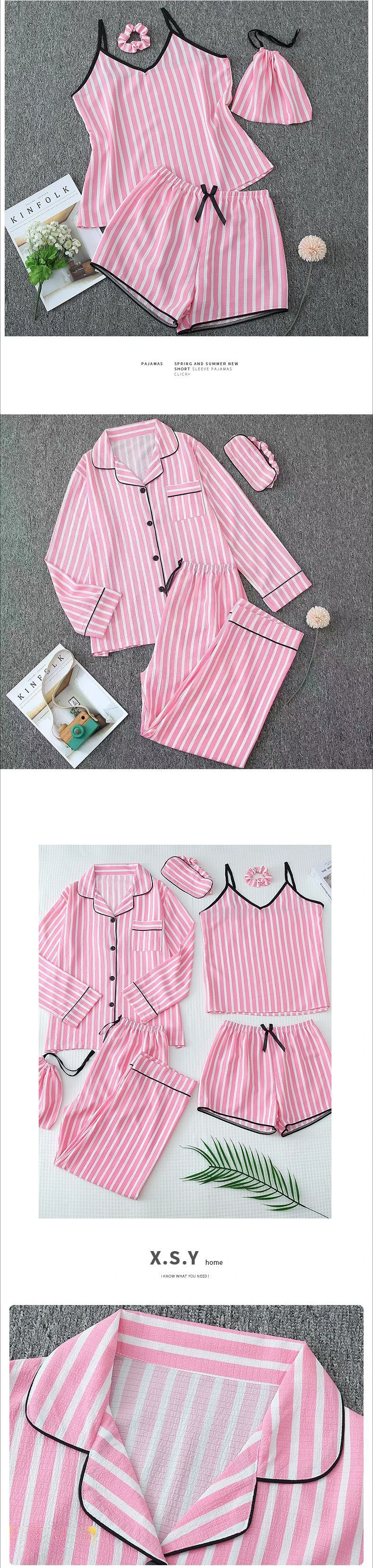 Sexy Nachtwäsche Frauen Plus Größe Rosa Gestreiften Pyjamas Blase Zerknitterte Baumwolle Student Loungewear Langarm Lange Hosen Nachtwäsche – Detail 3