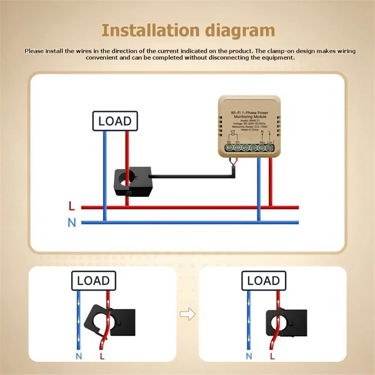 Tuya WiFi Smart 1-Phase Power Meter 100A Monitoring Module Bidirectional with Current Transformer Sensor Clamp