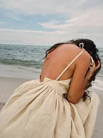 Bornladies Spring Summer Beach Style Women Dress Vintage Loose A-line Sling Dress Sexy Hot Girl 100% Cotton V-neck Dress - Image 3