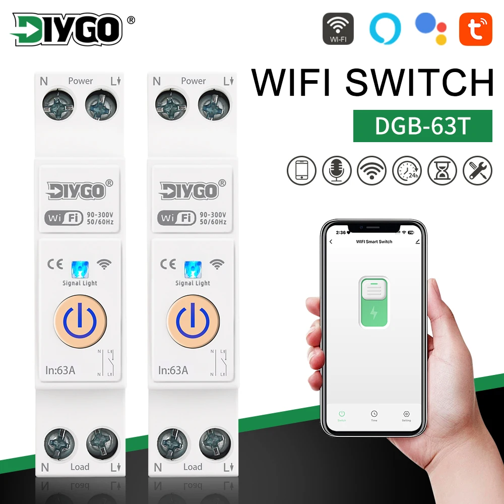 

DGB-63T Tuya Smart APP WIFI Din Rail Circuit Breaker Switch Home Wireless Voice Remote Control No Metering Function 10A-63A