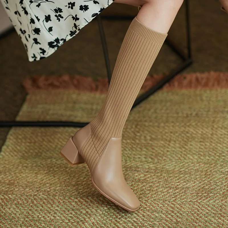 

Women Autumn Winter Knitted Long Boots Elegant Socks Slip On Boots Sexy Elastic Square Toe Boots Stitching Boot Botas De Mujer