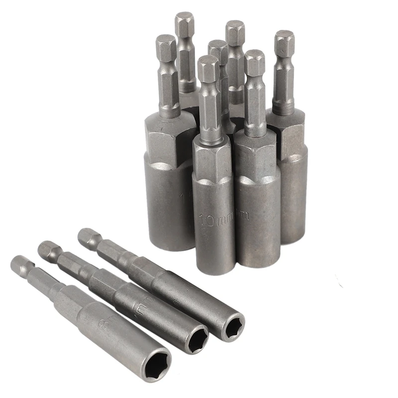 B62B 10Pc 1/4 Inch Hex Bit Socket Set Deep Long 80mm Impact Drill Socket Adapter 6-15mm Chrome Vanadium Steel
