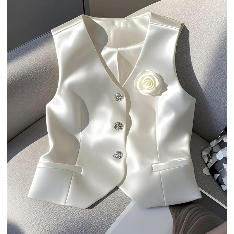2026 Spring European High-End Pretty White Satin Vest Spring Goods High End Beautiful Small Fragrance Lining Jacket Outweart