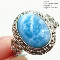 Natural Blue Larimar Adjustable Ring Water Pattern Jewelry 925 Silver Oval Larimar Women Men AAAAAA