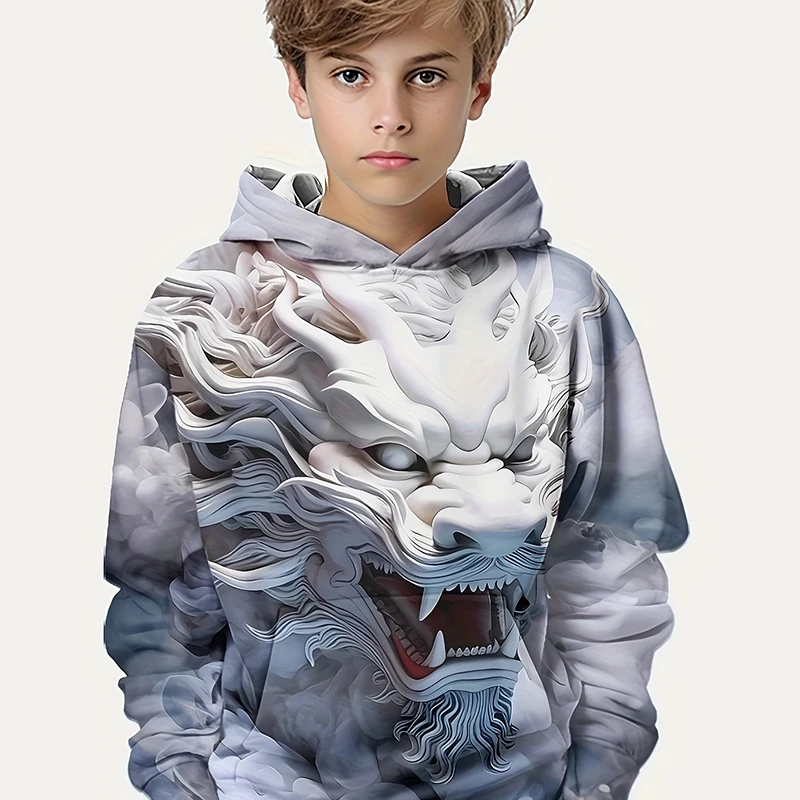 Kids Chinese Style New Year Lion 3D Print Boys Casual Pullover Long Sleeve Hoodies Boy Sweatshirt Spring Fall Kids Hoodie Tops