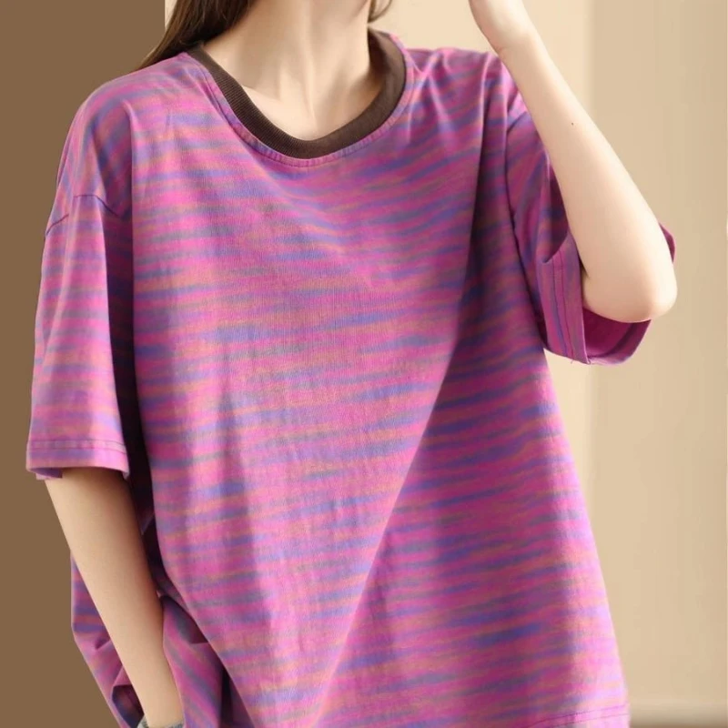 

Plus Size Women Clothing Vintage Loose Tops Tees Summer Short Sleeve Contrast Striped Street Casual T Shirts Fashion Harajuku