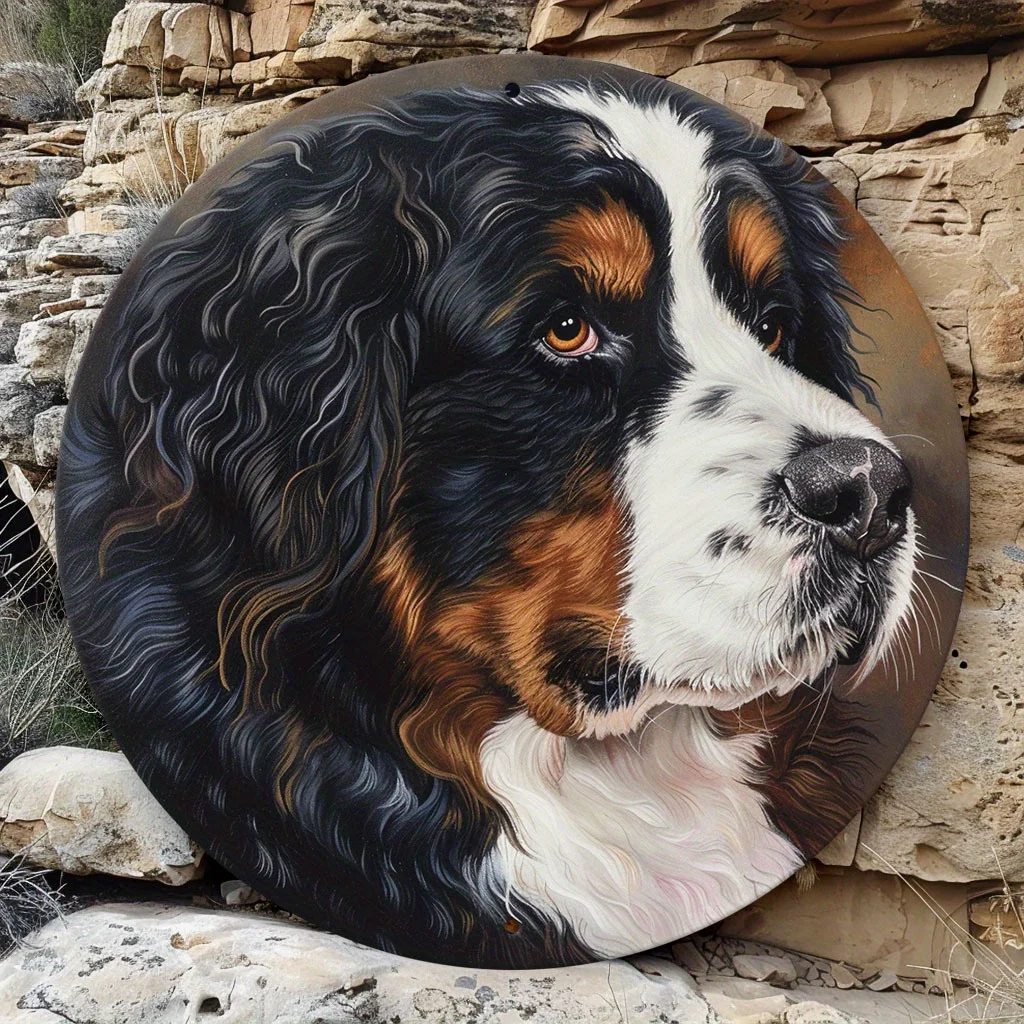2D Flat, 1pc Bernese Mountain Dog Metal Wall Art – Round Durable Aluminum Dog Portrait Sign for Home, Office, Man Cave, Shed – W