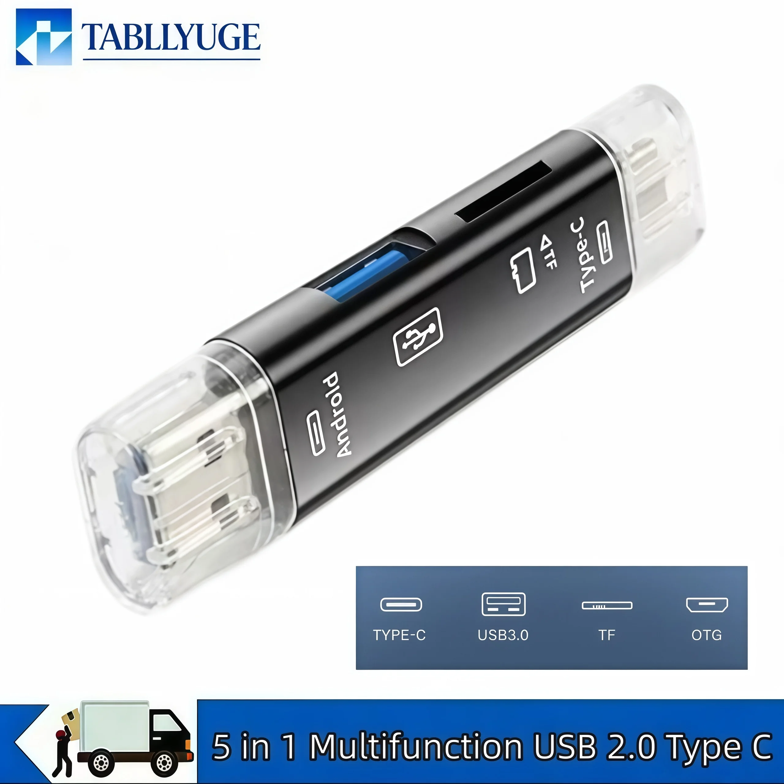 Novo Leitor de Cartão de Memória 5 em 1 Multifuncional USB 2.0 Tipo C, USB Micro USB, SD, TF para Computador Android, Adaptador OTG Tipo C