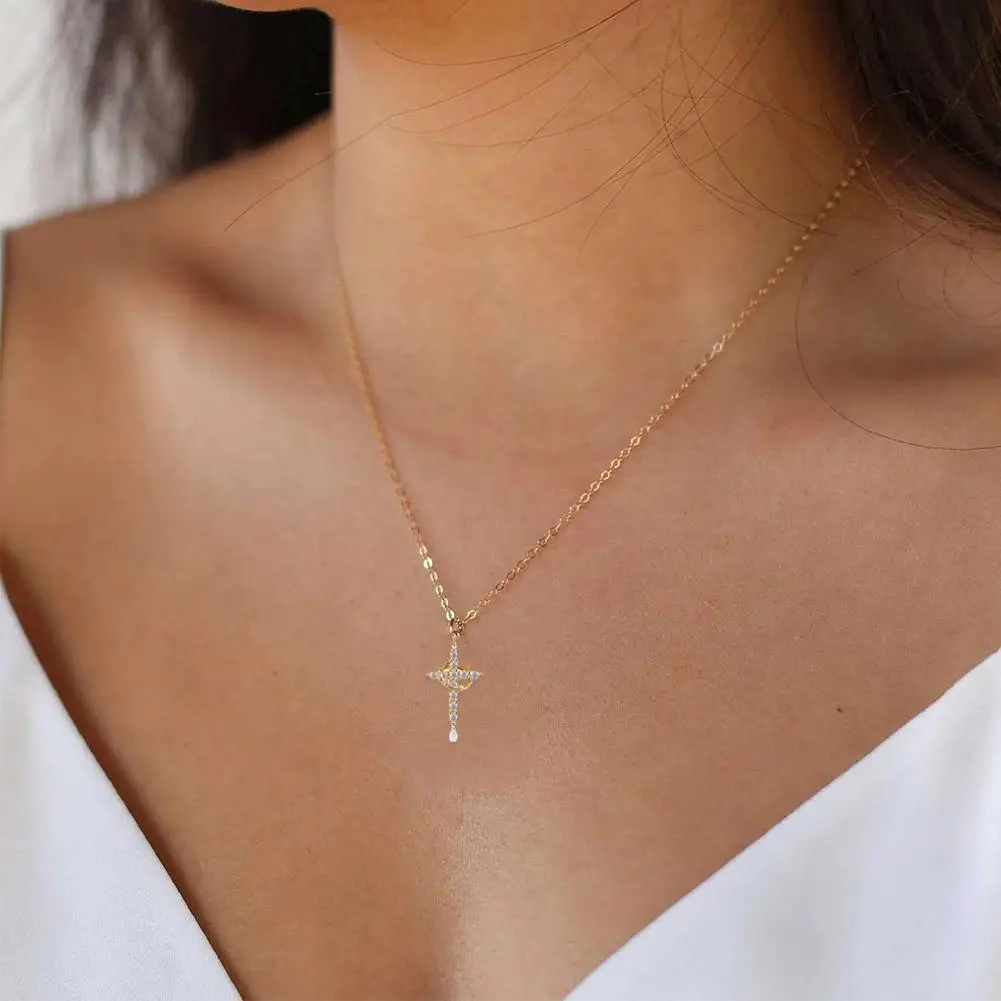 New High-looking Cubic Zircon Plated 14K Gold 50cm Length Women Cross Necklace Crown Rotatable Hang Jewelry For Women Gift