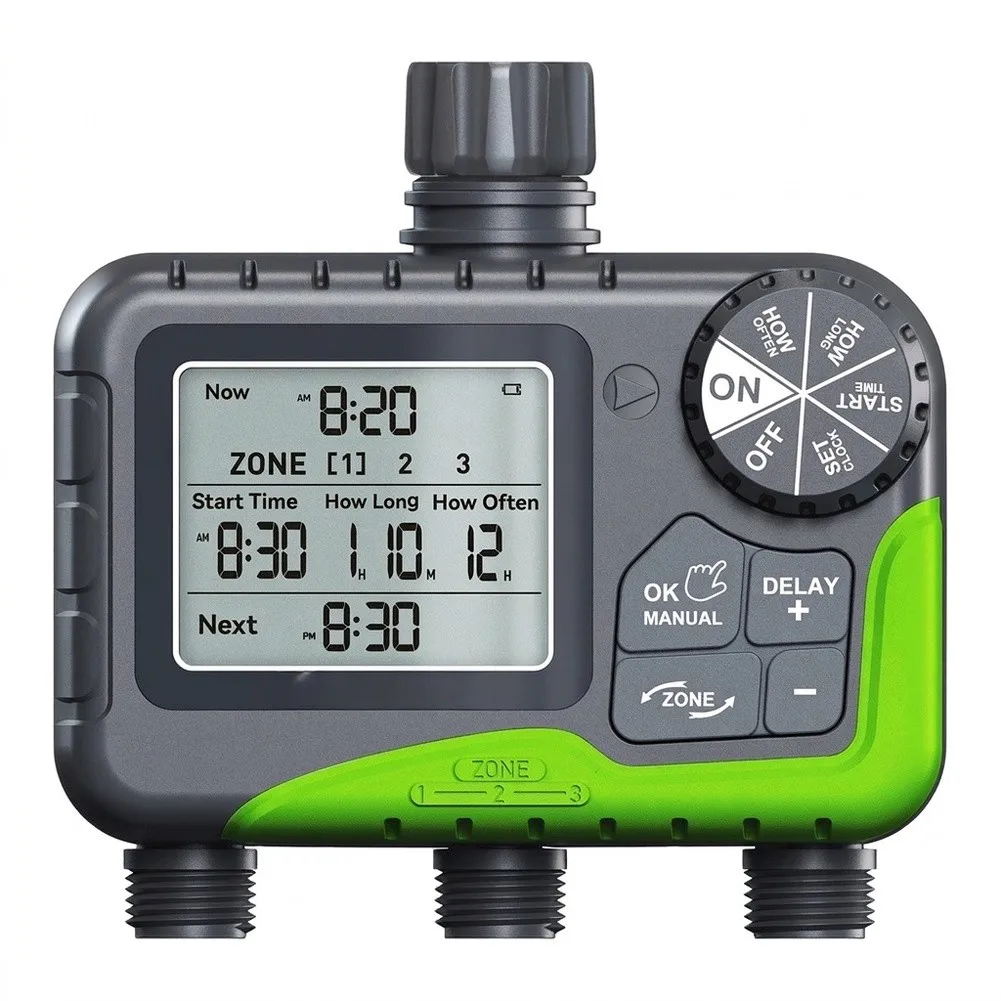 3 Zone Programmable Water Timer with Rain Delay 12/24 Hours IP65 Waterproof Design for Outdoor Faucet Installation